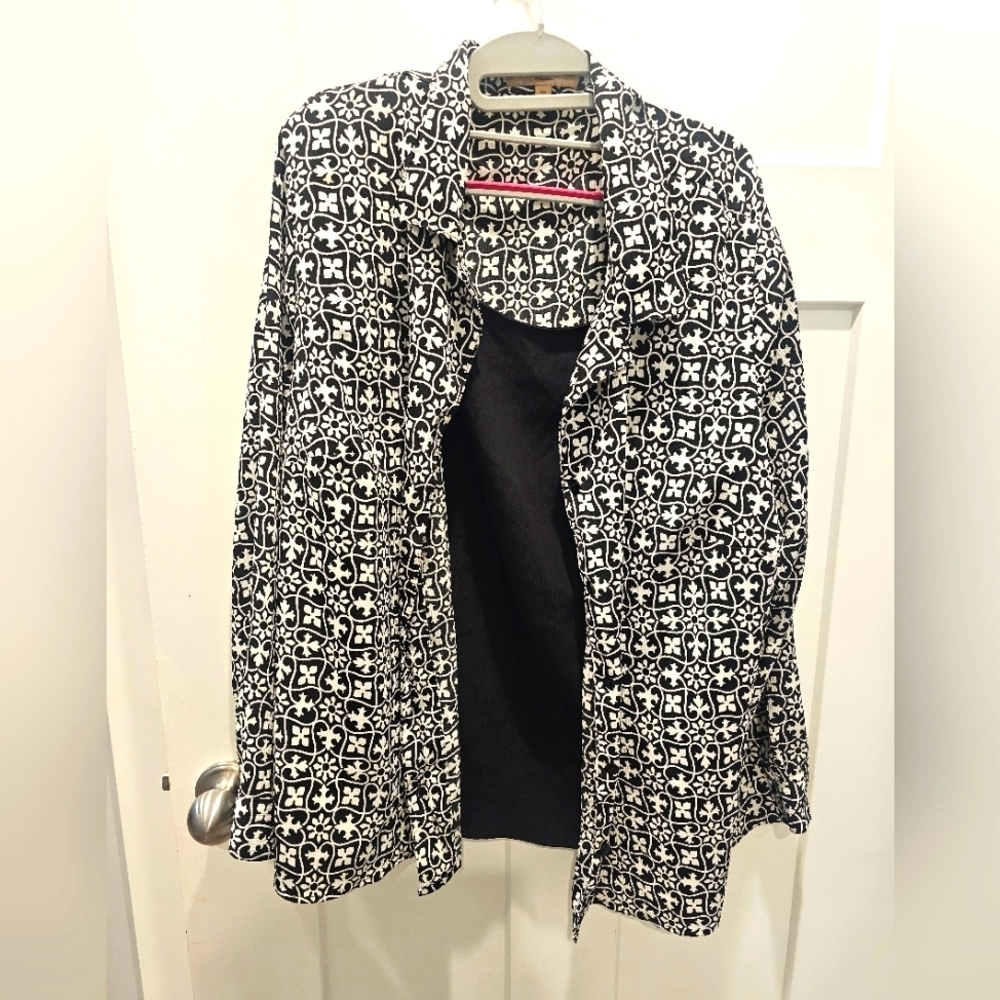 Notations Woman 3X Black White Print Shirt & Tank Set Plus Size Blouse